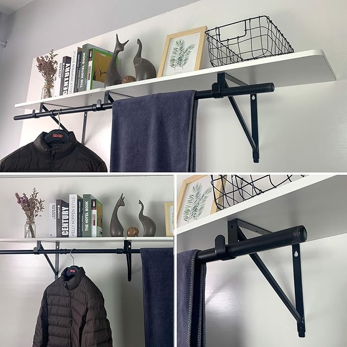 4 Pack Heavy Duty Closet Shelf & Rod Brackets,Closet Rod Bracket,Shelf Brackets Clothes,Closet Shelves Bracket with Rod Shelving Support,with Screws Black