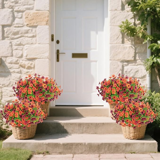 Artificial Faux Mums Flowers Plants for Outdoors Outside Fall Autumn Decoration,12 Bundles Realistic Fake Flowers Plant Greenery Silk Daisy UV Resistant Planters Porch Patio Garden（Orange Burgundy）