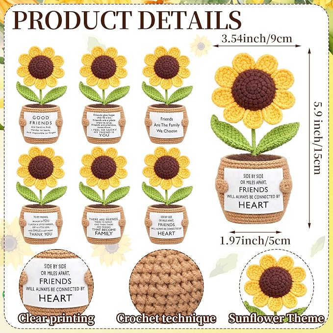 Wavwavw 6 Pcs Friends Gifts for Women, Galentines Graduation Handmade Sunflower Crochet Doll with Positive Card for Female Birthday BFF Bestie Gifts (Friends)
