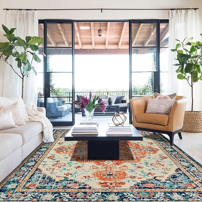 U'Artlines Boho Vintage Area Rug 8x10 Machine Washable Low Pile Soft Floor Carpet Non Slip Non Shedding Accent Rug for Living Room Bedroom Entryway Dining Room Office Orange/Multi