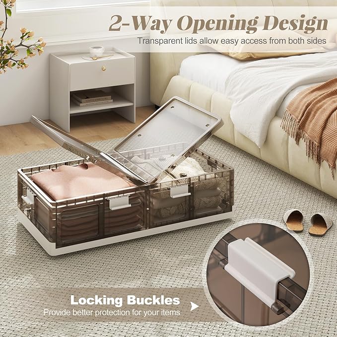 Giantex 53Gal Under Bed Storage Containers, 4 Pack Stackable Rolling Plastic Storage Boxes with Wheels & Lids, Clear Collapsible Storage Bins for Clothes, Shoes, Blankets (2)