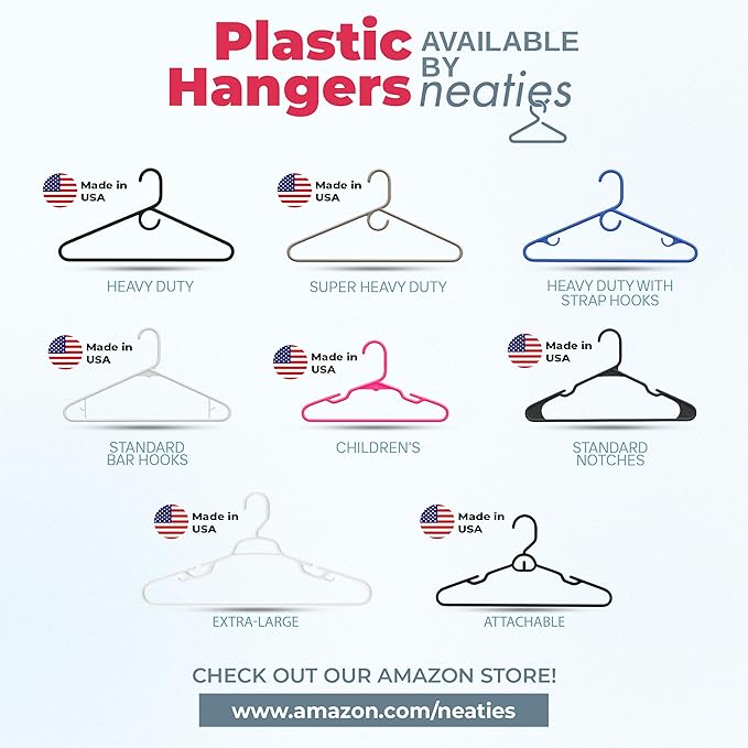 Neaties Heavy Duty Clothes Hangers 100 Pack (108 Count) – Made in the USA – 8lb Capacity Plastic Hangers for Adult Clothing – Durable for Pants, Coats, Jackets, or Jeans – White & Black