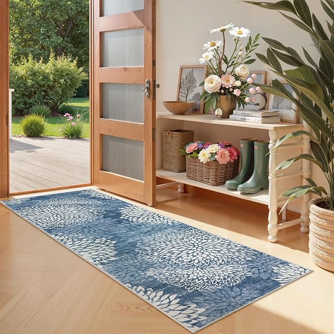 Dahlia Washable Runners for Hallways, 2x6 Blue Floral Kitchen Runner Rug,Non Slip Low Plie Hallway Rug,Boho Soft Non Shedding Carpet Runner for Bathroom Bedroom Laundry,Blue