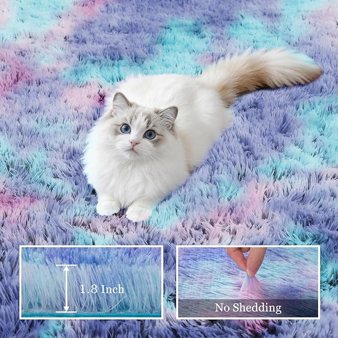 8x10 Area Rugs for Living Room Bedroom: Ultra Soft Fluffy Shag Rug Upgrade Non-Slip Non-Shedding Large Fuzzy Plush Carpet Indoor Floor Carpets for Kids Room Playroom Nursery Dorms Home Rainbow Purple