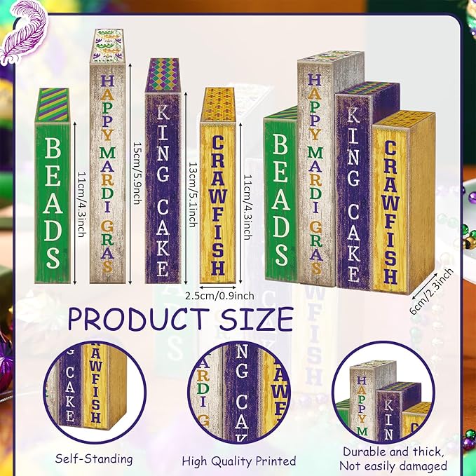 Lineshading 4 Pcs Mardi Gras Table Decor Rustic Wooden Book Sign Carnival Tiered Tray Decor Farmhouse Tabletop Sign Centerpieces for Mardi Gras Carnival Home Shelf Decoration