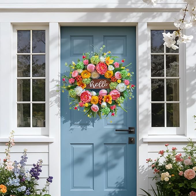 Spring Wreath for Front Door, 24 Inch Artificial Spring and Summer Wreath with Peony, Rose, Orchid, Hydrangea and Gardenia Flowers, Peach, Berries and Hello Wooden Sign, Decor for Indoor Outdoor