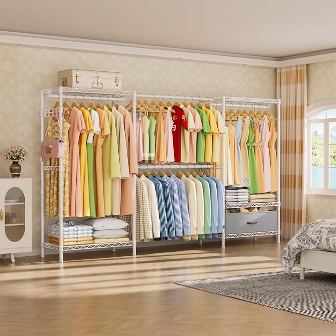 Coat Rack Clothes Wardrobe：Closet Organizer and Storage Clothing Garment Rack with Shelves Heavy Duty for Hanging Clothes Portable Adjustable White 15.8" DX69 WX76.5 H
