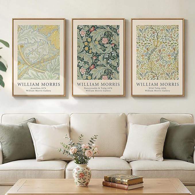 Framed William Morris Sage Green Wall Art Set of 3, Vintage Nature Green Floral Artwork Prints, Retro Botanical Wall Decor for Living Room, Bedroom, Hallway and Office, Total Size 30x60