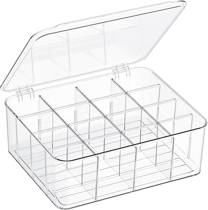 Sock Underwear Organizer, 16 Compartment Adjustable Dividers Tie Bras Socks Underwear Drawer Organizers for Closet, Clear Plastic Storage Containers Box with Lids for Bra Ties Scarf Socks