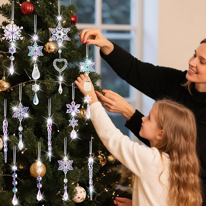 Crystal Snowflake Christmas Tree Decorations - 21pcs Christmas Tree Ornaments Sparkling Dazzling Festival Party Decoration Crystal Snowflake Design Hanging Ornament Holiday Season Home Decor