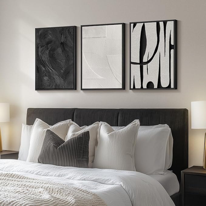 Framed Black and White Abstract Wall Art, 3 Piece Modern Canvas Prints Paintings Art for Walls, Minimalist Black White Abstract Pictures for Living Room Bedroom Dining Room Office Wall Decor 16x24 In