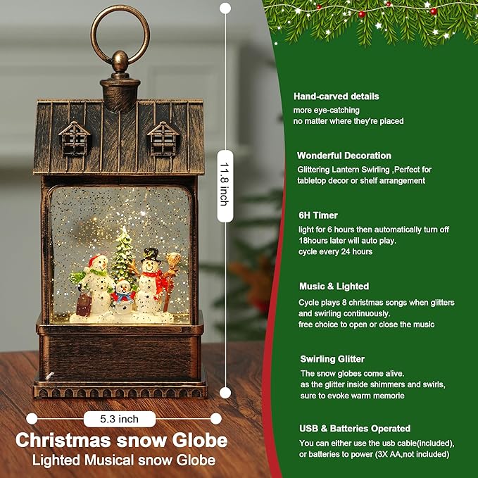 Christmas Snow Globe Lantern Water Glittering Snowman Family with Music, USB Lined/Battery Operated Lighted Lantern for Christmas Festival Decoration Gifts