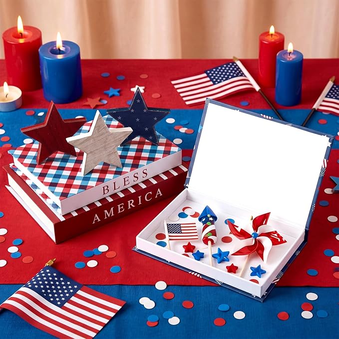 Thyle 4th of July Fake Decorative Books Wooden Star Table Signs Faux Stars Patriotic Decor Farmhouse Decoration Books for Independence Day 250th Anniversary Party Office Home Shelf Table Decor