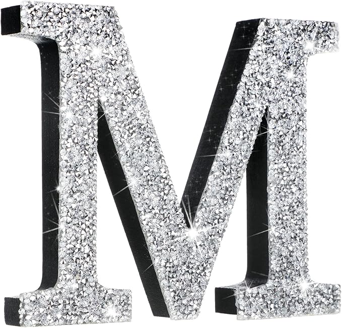 Qunclay 5.7" Silver Crystal Diamond Bling Letters Crushed Diamond Decoration Wooden Glitter Letter with Screw and Hooks Rhinestone Gift for Wedding Y2k Mcbling Bedroom Wall Decor (Letter M)