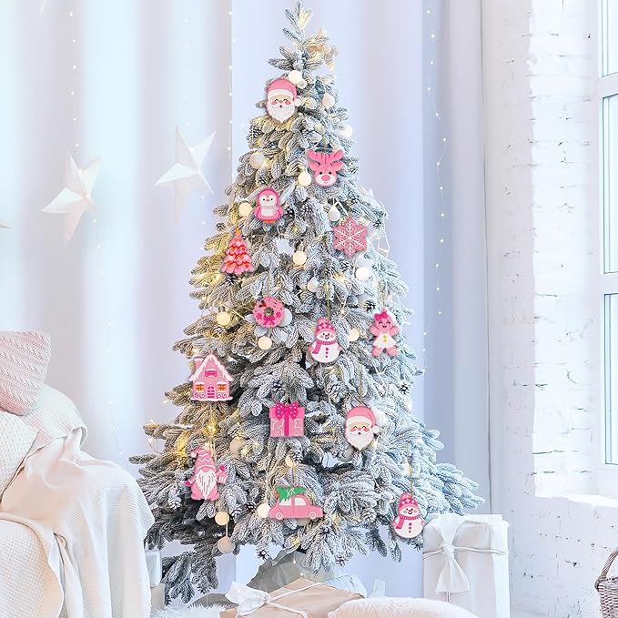 Pink Christmas Ornaments for Tree Decorations–12pcs PVC Pastel Pink Ornaments for Christmas Tree Decor