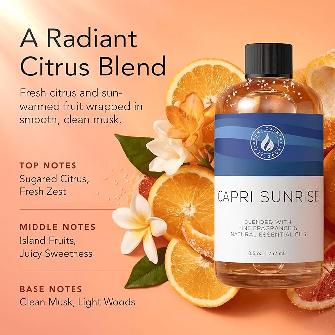 Aroma Country Capri Sunrise Diffuser Oil - Volcano Inspired - Luxury Essential Oils for Diffuser Refill & Air Freshener Room Spray, Long-Lasting, Natural Home Fragrance for Scent Machines (4 Fl oz)