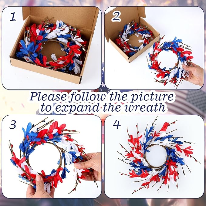 6 PCS Mini 4th of July Patriotic Kitchen Cabinet Wreaths Small Red White and Blue Floral Swag Wreath for Front Door with Forsythia Flowers Independence Day Hanging Wreaths for Memorial Day Porch Wall