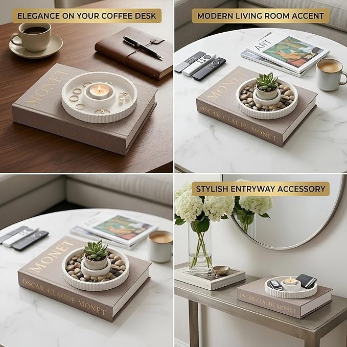 Decorative Books for Home Decor, Coffee Table Decor with Linen White Books Stack Bookshelf, Fake Book Double as Libros Decorativos and Photo Storage (2 Piece Set with Tray)