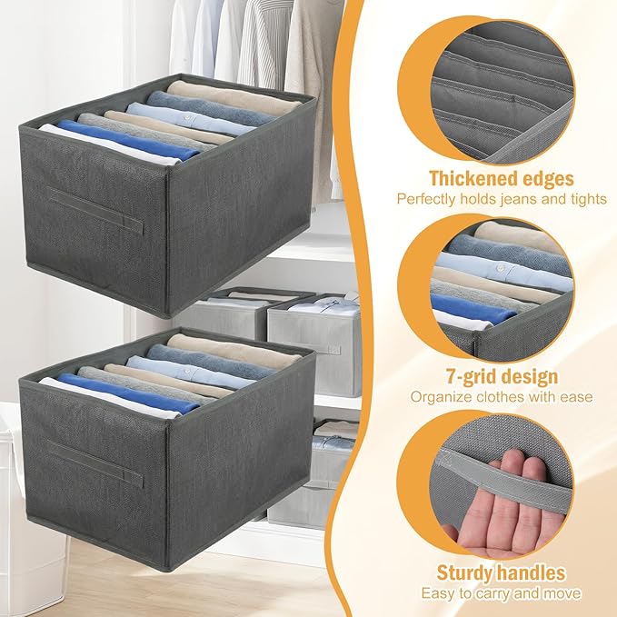 6 Pack Foldable Wardrobe Clothes Organizer with Handle 7 Grids Stackable Closet Drawer Organizer for Jeans, Pants, Sweaters, T-Shirts, Leggings, Grey