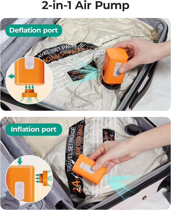 BAGSMART Pump for Vacuum Storage Bags, Potable Cordless Electric Air Pump, Rechargable Seal Bag Supplies for Compression Clothes, Blanket, Luggage- Orange