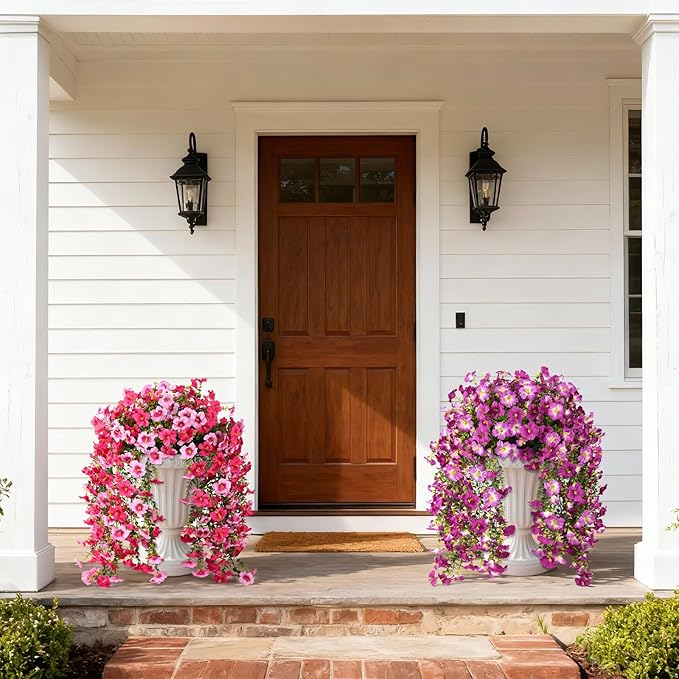 Artificial Hanging Flowers Plants for Outdoor Spring Summer Decoration, 2PCS Faux Silk Morning glory UV Resistant Look Real for Outside Home Indoor Planter Porch Garden Yard Decor(Rose Red Pink)