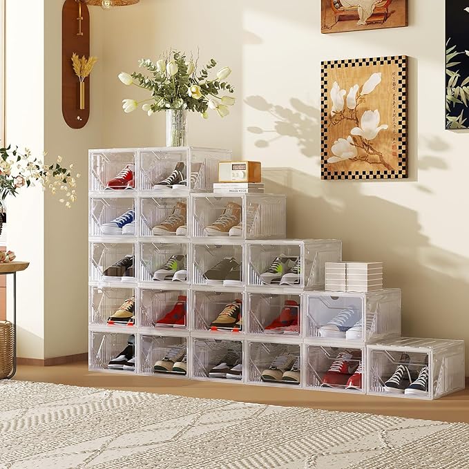 AWTATOS Shoe Boxes with Magnetic Door, Stackable Shoe Storage Organizer with Lids, Folding Shoe Rack for High Heels, Thickened Sneaker Storage Container, 6 Pack, Clear