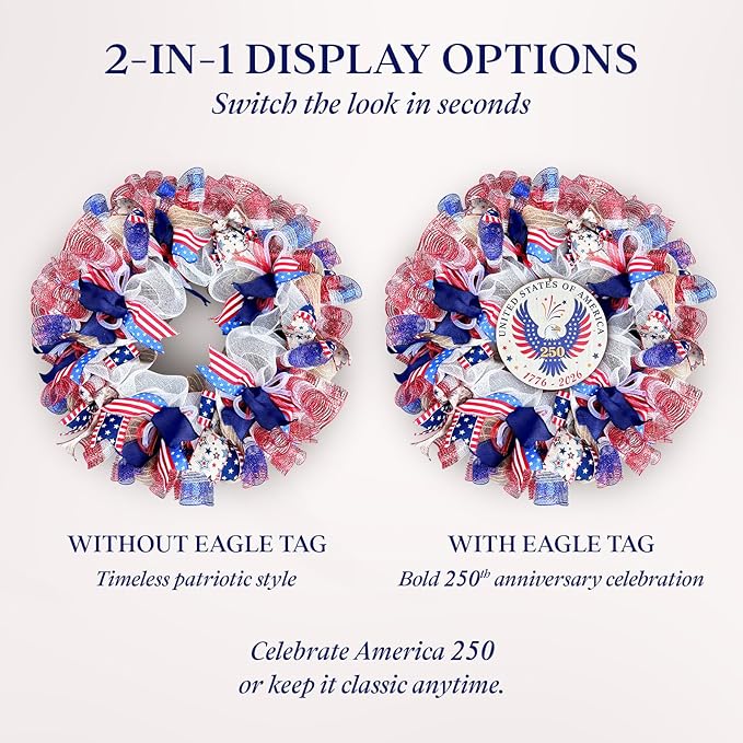 250th Anniversary Patriotic Wreaths for Front Door, 24 Inch Large 4th of July Wreath with Removable 1776-2026 Eagle Door Sign, Handcrafted Memorial Day Decorations with Light &Storage Bag