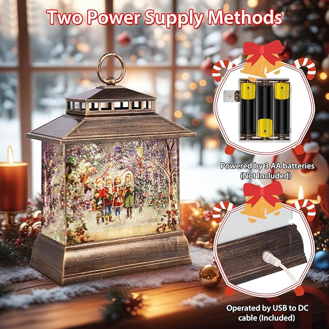 Christmas Snow Globe Lantern Water Glittering Lantern with 8 Songs & 6H Timer Romote Control Christmas Snow Globes USB & Battery Operated for Christmas Festival Decorations Gifts (Christmas Carol)