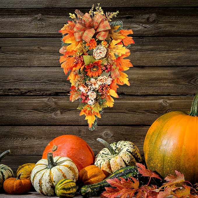 21.7Inch Artificial Fall Harvest Teardrop Swag for Front Door Thanksgiving Teardrop Wreath with Maple Leaves Berry Autumn Floral Swag for Home Wall(with Light)