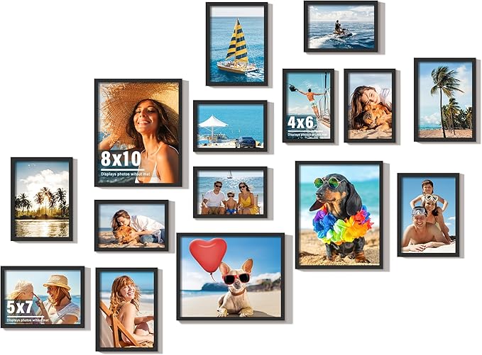 15 Pack Picture Frames Collage Wall Decor, Black Frame Set with 3pcs 8x10, 6pcs 5x7, 6pcs 4x6 for Gallery Display, Wall Mounting & Tabletop, Bulk Photo Frames for Living Room Decor