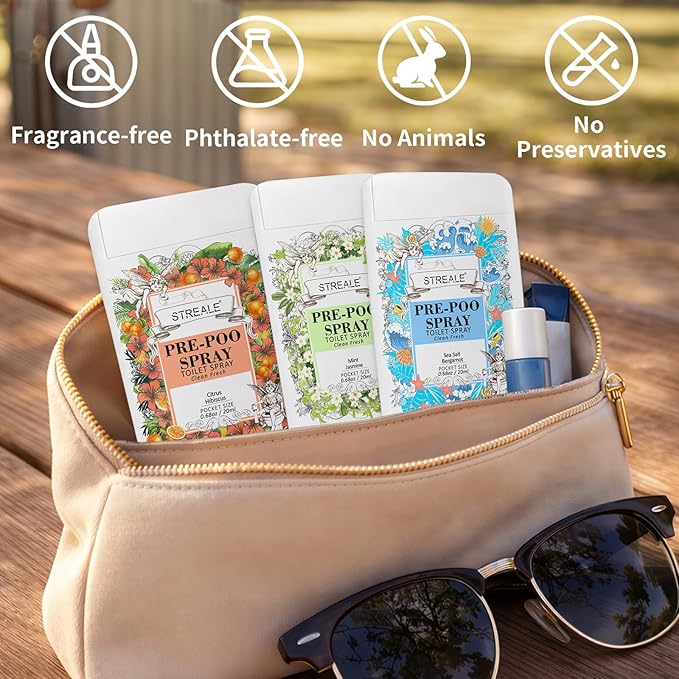 Travel Size Toilet Spray 6-Pack, Travel Essentials Toiletries, Pocket Size Pre-Poo Spray, Bathroom Odor Deodorizer, Up to 240 Uses, 6 Refreshing Scents