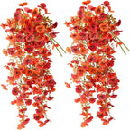 Artificial Fall Flowers for Outdoor, 4 Pcs Faux Pansy Fake Mums Plant Hanging Flowers Outdoor Fall Decor, UV Resistant Silk Flower for Front Door Porch Planter Patio Yard Garden(Orange Autumn Red)