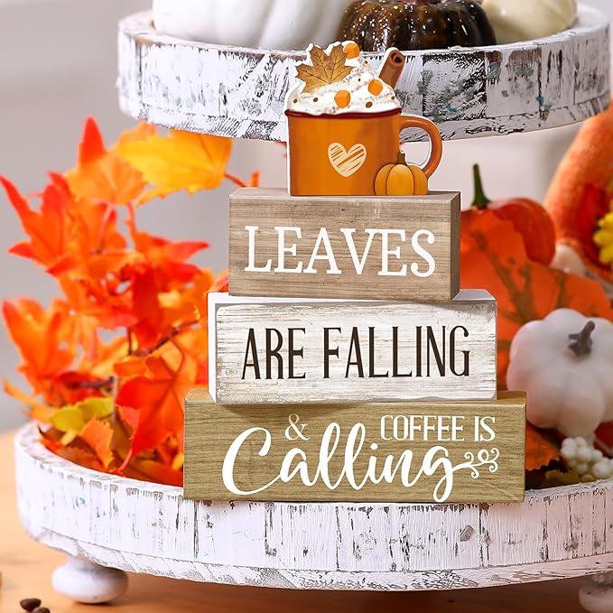 Lineshading 4 Pcs Fall Coffee Table Decorations Fall Decor for Home Thanksgiving Tiered Tray Decor Rustic Wooden Hot Cocoa Cup Pumpkin Latte Block Sign for Autumn Harvest Party Coffee Bar Kitchen
