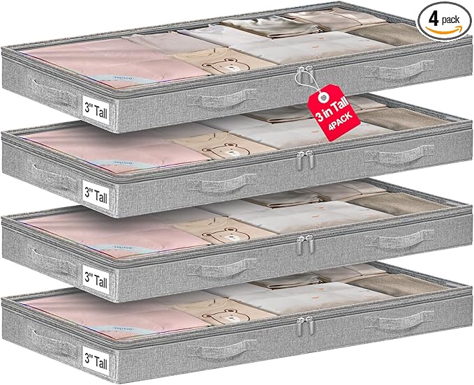 punemi 3-Inch Low Profile Under Bed Storage Containers，No-Structure, Soft Foldable Zippered Underbed Cloth Blanket Storage bins — Fits Under Crib, Couch，Sofa or Dorm bed, 4-Pack, 20x40x3in