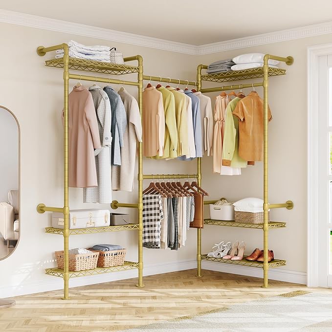 L3 Industrial Pipe Closet Organizer System, Wall Mounted Clothes Rack Clothing Racks with 4 Telescopic Rods & 6 Shelves , Heavy Duty Closet System in Wardrobe Closet (Gold)