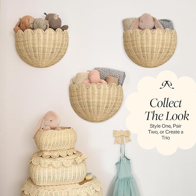 BEBE BASK Scalloped Wicker Wall Basket - The Original - Hand Woven Basket - Scalloped Décor Wall Hanging Baskets -16" x 10" x 7"In - Hanging Wall Basket (Natural)