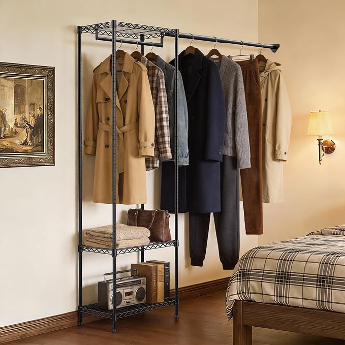 MZG Heavy Duty Rolling Garment Rack 3 Tiers Adjustable Wire Shelving Clothes Rack with 2 Rods Storage Closet Clothing Rack Black 13.8"D x 63.3"W x 82.4"H