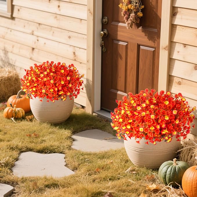 Fake Flowers Artificial for Outdoor Decoration Autumn Silk Flower UV Resistant, 12 Bundles Faux Morning Glory with Eucalyptus Greenery for Indoor Garden Planters Patio Window Home Decor, Mix