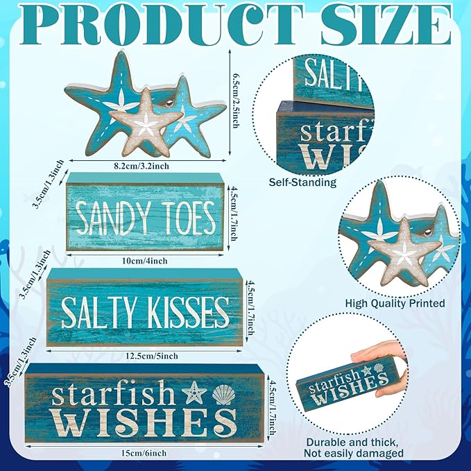 Yuntau 4 Pcs Summer Table Decorations Beach Tiered Tray Decor Starfish Coastal Rustic Wooden Block Sign Stacked Book Nautical Table Centerpiece for Farmhouse Home Living Room Office Desk Shelf Mantel