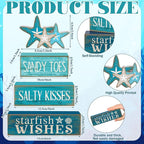 Yuntau 4 Pcs Summer Table Decorations Beach Tiered Tray Decor Starfish Coastal Rustic Wooden Block Sign Stacked Book Nautical Table Centerpiece for Farmhouse Home Living Room Office Desk Shelf Mantel