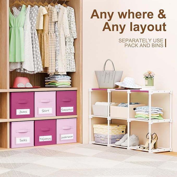 Geelin 6 Pink Cube Storage Organizer with Fabric Bins and Labels, 11 Inch Collapsible Toy Organizer Shelf Storage Bins Dresser Drawer for Girls Bedroom Nursery Playroom Room Decor