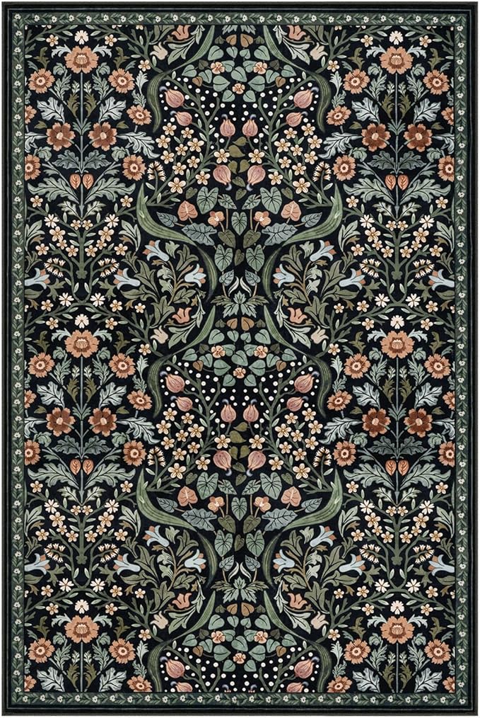 Moynesa Floral Area Rug 6x9, Washable Large Rugs for Living Room, Non Slip Boho Rugs for Dining Room Table, Botanical Ultra Thin Soft Floor Carpet for Farmhouse Office, Black