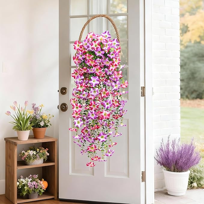 Waipfaru Artificial Petunias Flowers for Outdoors, 2 Pcs UV Resistant Fake Hanging Plants Spring Outside Decor, Faux Silk Flowers Long Trailing Vines for Outdoor Planters Porch Garden (Purple Fuchsia)