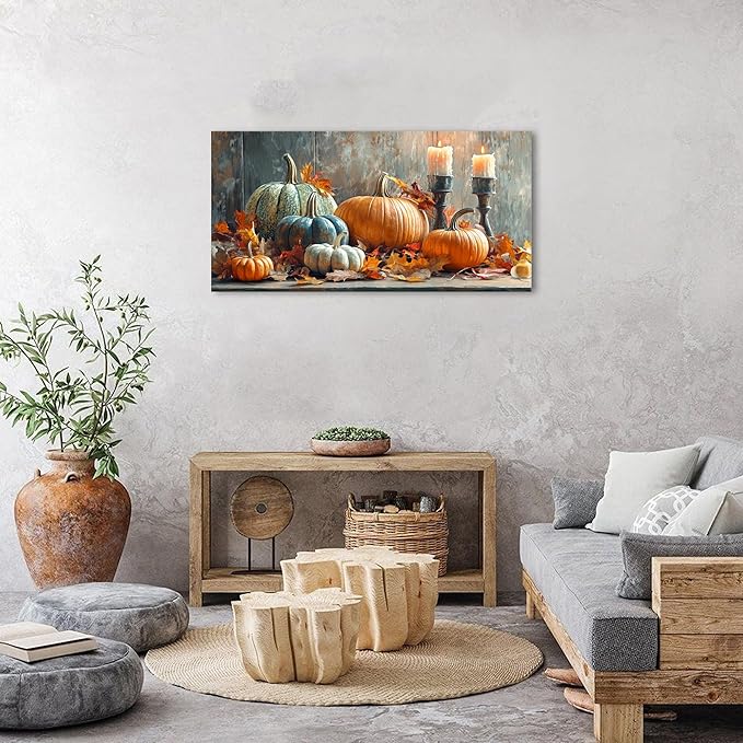 Farmhouse Kitchen Decor Pumpkin Wall Decor Maple Leaves Painting White Orange Pumpkin Canvas Prints Rustic Fall Harvest Themed Picture Still Life Artwork for Bedroom Dining Room Home Decoration 24x48"