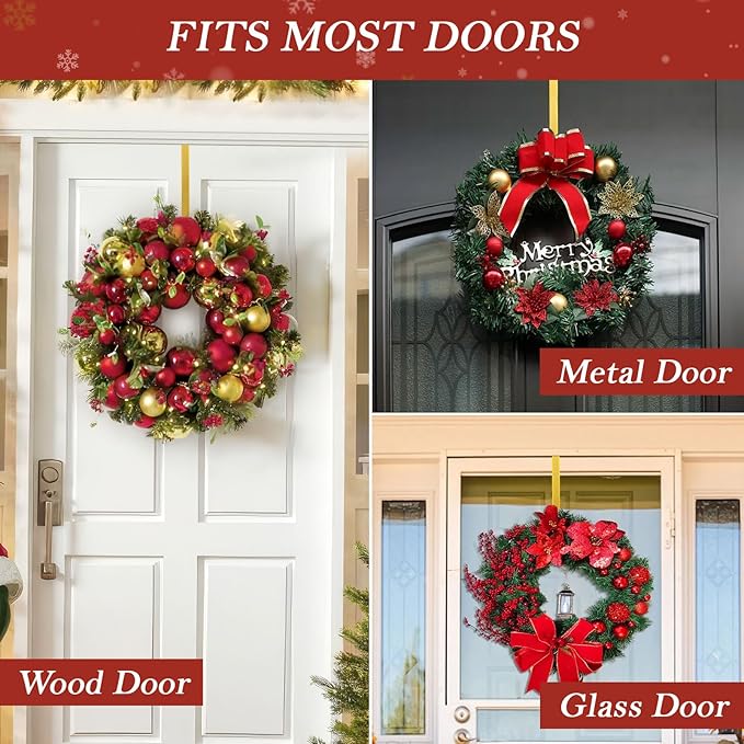 12" Metal Wreath Hanger for Front Door Non-Scratch, 2 Pack Gold Wreath Hanger Heavy Duty, Over-the-Door Hooks for Hanging Welcome Sign, Wreath Holder for Easter, Halloween, Fall, Christmas Decorations