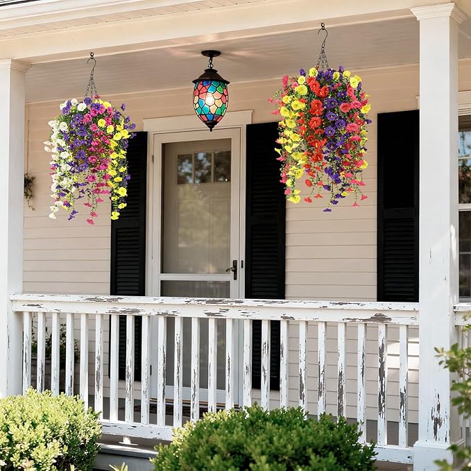 Homsunny Artificial Fake Hanging Flowers Plants Baskets for Outdoor Spring Decoration, Faux Morning Glory Silk Flower for Outside Realise UV Resistant Patio Yard Porch Balcony Home Decor (Mixed 1)