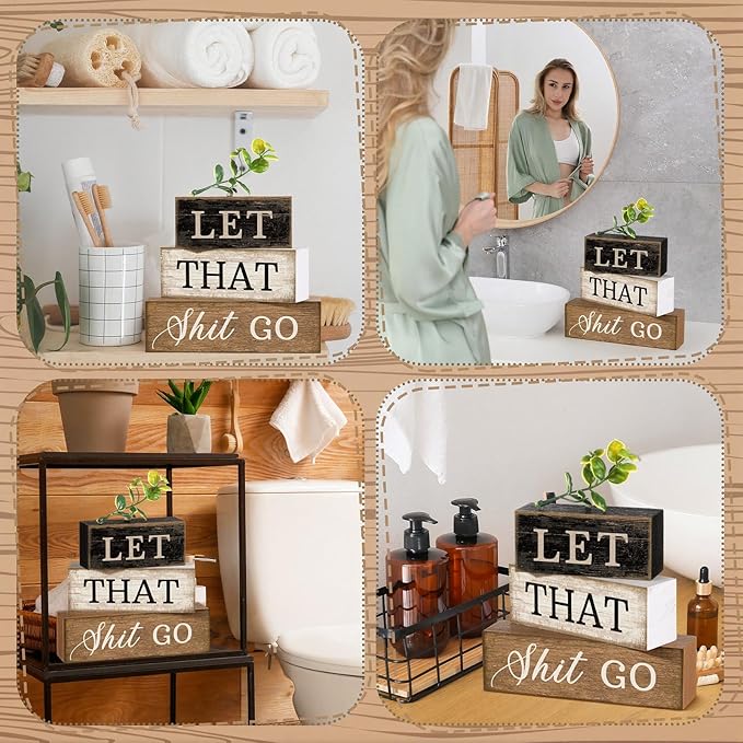 Moucuny 4 Pcs Bathroom Shelf Decor Sign Farmhouse Bathroom Decor and Accessories Rustic Eucalyptus Leaves Wood Block Sign Gift Let That Shit Go Funny Farmhouse Table Centerpiece for Home Office Toilet