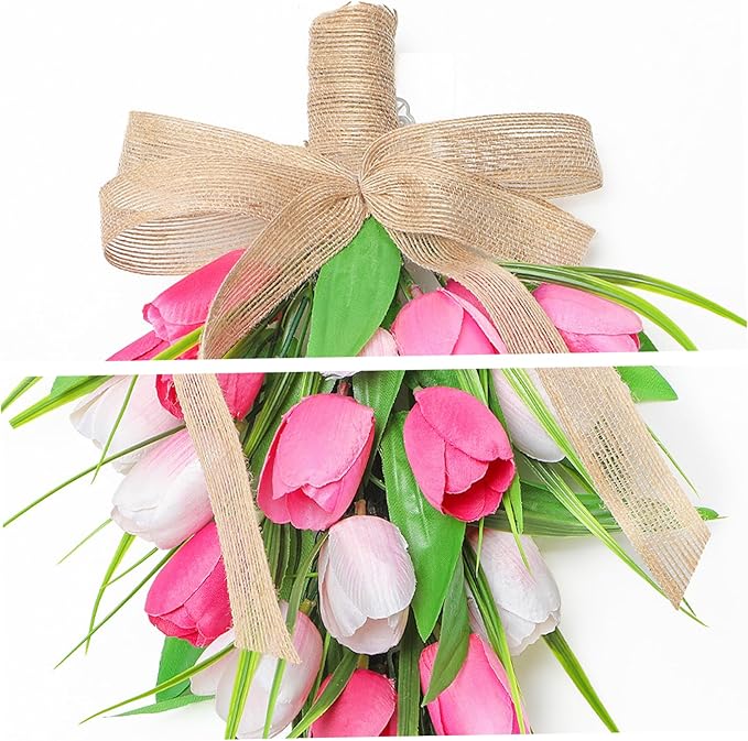 Spring Swags for Front Door Artifical Tulips Teardrop Swag with Burlap Bow Hanging Decorative Easter Wreath for Porch Wall Mother's Day 8.7x15.8 inch