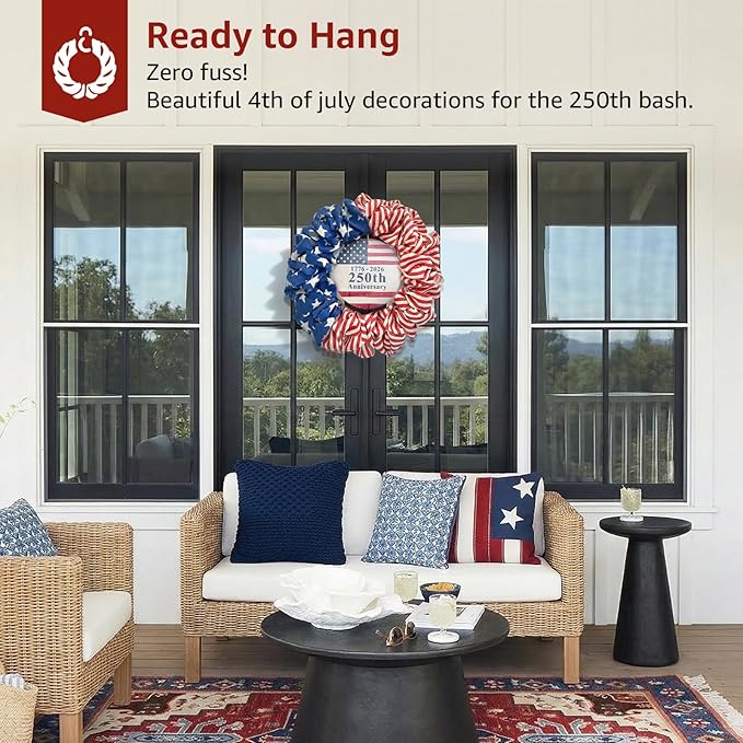 4th of July Wreath for Front Door - 20 inch Memorial Day Patriotic Decorations Outdoor, Red White and Blue 1776-2026 USA 250th Anniversary Burlap American Flag Door Wreaths