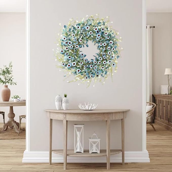 Sggvecsy Blue Daisy Wreath 24 Inch Spring Summer Fake Silk Floral Wreath with Green Eucalyptus Leaves and Lavender for Front Door Window Wall Wedding Farmhouse Festival Decor